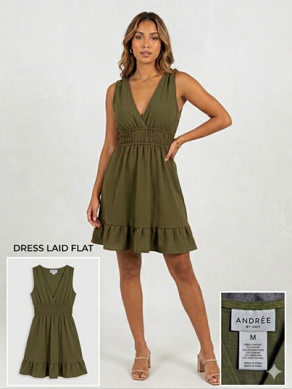 Andrée by Unit Olive Green Ruched Waist V-Neck Ruffle Hem Mini Dress NWT M